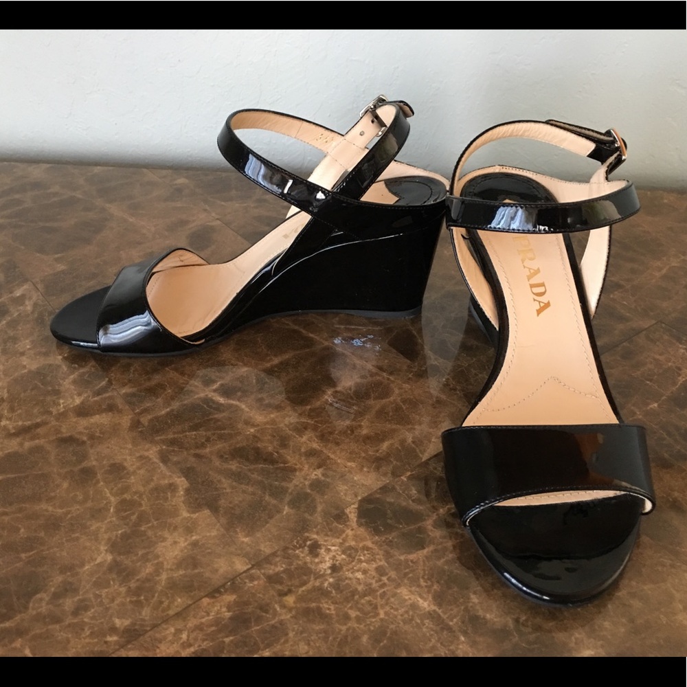 Prada Patent Wedge Sandals size 34.5 (4.5)